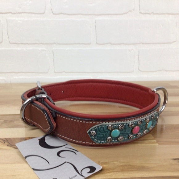 Mad Cow genuine leather jewelry dog collar handmade red pink turquoise studded - Picture 6 of 16